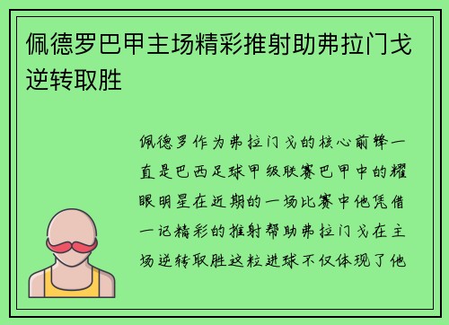 佩德罗巴甲主场精彩推射助弗拉门戈逆转取胜